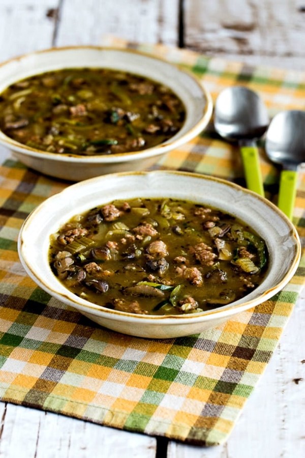 Low-carb turkey, mushroom, and zucchini noodle soup