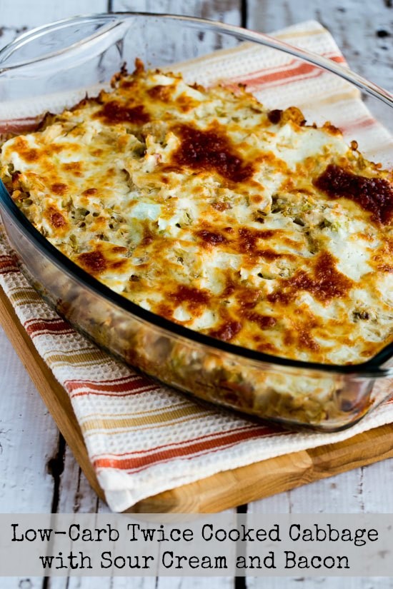 Low-carb twice-cooked cabbage with sour cream and bacon
