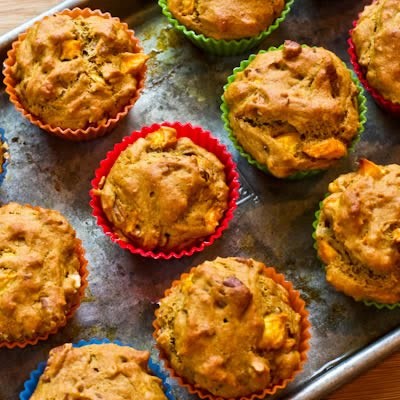 Low sugar and whole wheat peach pecan muffins