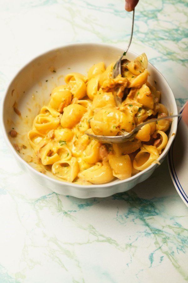 Lumache with tuna, egg and capers
