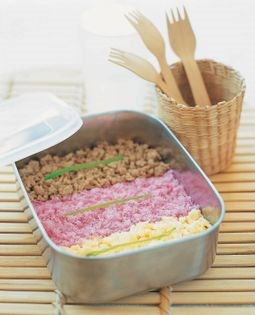 Lunch-box rice with three toppings (San-shoku bento)