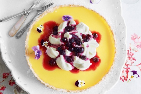Luscious lemon tart with blueberry compote