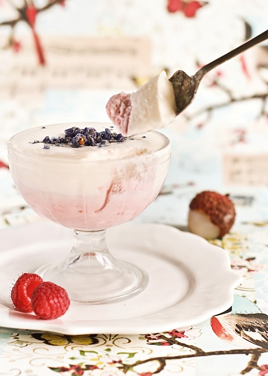 Lychee & raspberry mousse with candied violets
