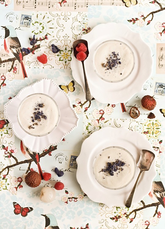 Lychee and raspberry mousse with candied violets