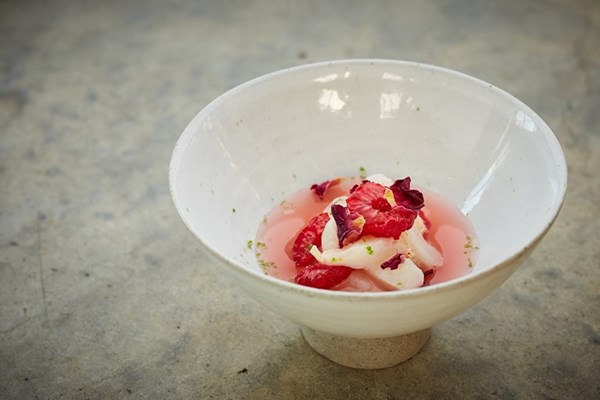 Lychee and raspberry salad with raspberry rose elixir