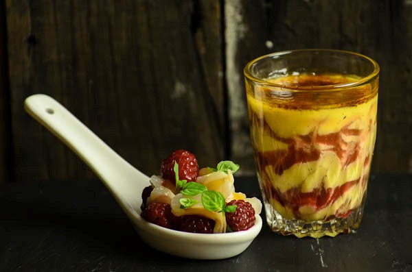 Lychee brûlée with raspberry swirl