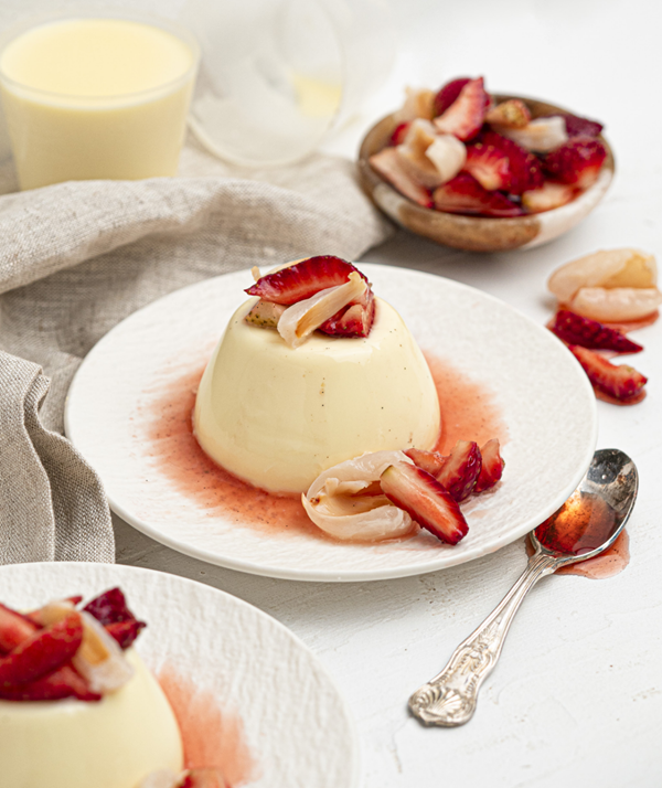 Lychee panna cotta with vanilla strawberries