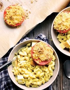 Mac and cheese with smoked tofu and baked tomatoes