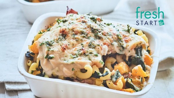 Mac 'n' cheese with butternut, bacon, sage, spinach and creamy cauliflower cheese sauce