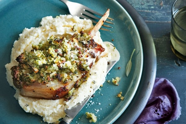 Macadamia & mustard pork cutlets with celeriac mash