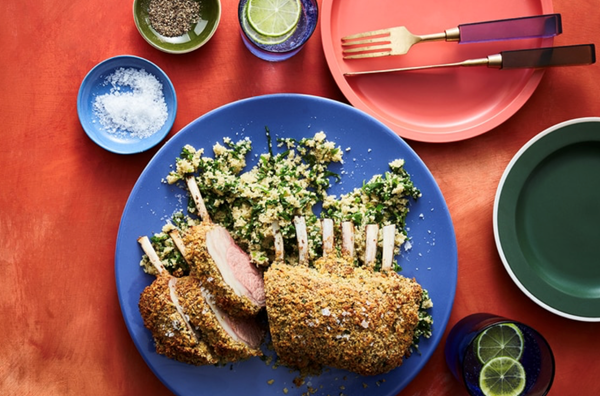 Macadamia and saltbush-crusted lamb with warrigal greens and native thyme couscous
