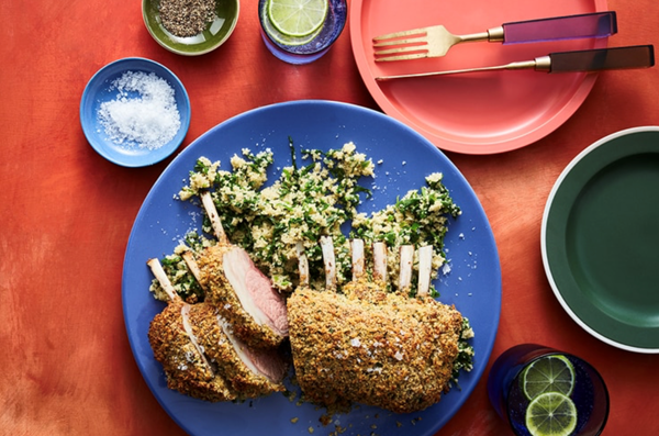 Macadamia and saltbush-crusted lamb with warrigal greens and native thyme couscous