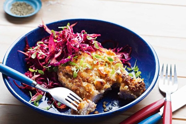 Macadamia-crumbed pork schnitzel with 'Aussiekraut'