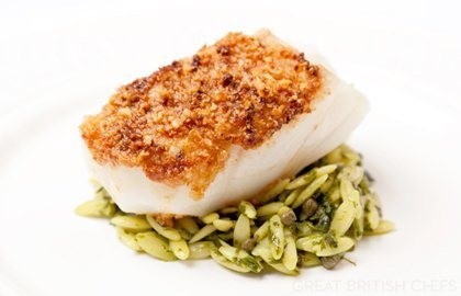 Macadamia-crusted Alaska black cod fillet with orzo and salsa verde