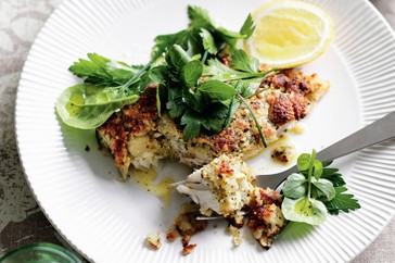 Macadamia-crusted fish with herb salad