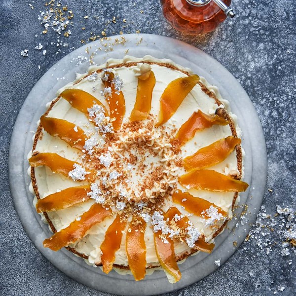 Macadamia, hazelnut, parsnip and brown butter cake with a heady mist and salted praline sprinkle