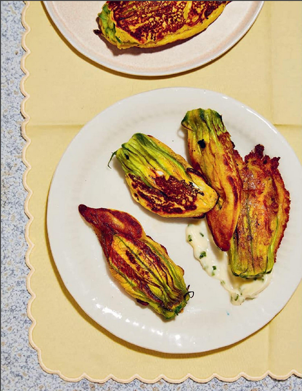 Macadamia nut cheese-filled courgette flowers