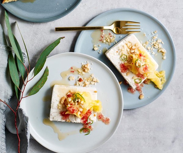 Macadamia parfait with pineapple, ginger and finger lime