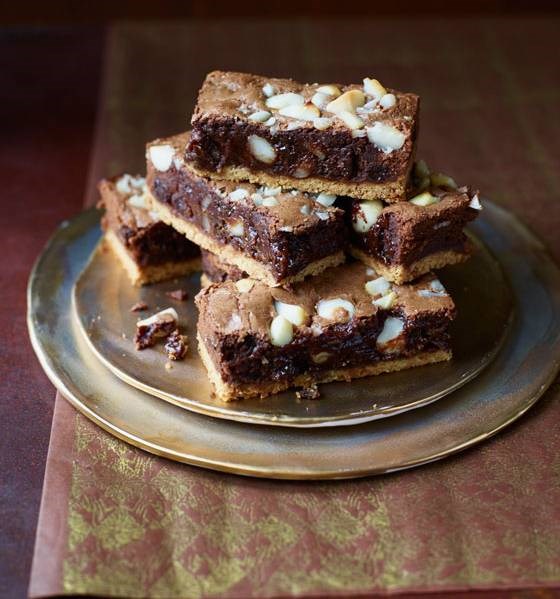 Macadamia, rum and raisin brownie shortbread bars