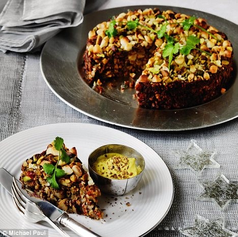 Macademia and pistachio nut roast with spiced yoghurt sauce