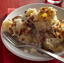 Macaroni and cheese with prosciutto and mushrooms