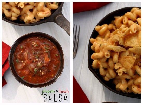 Macaroni and cheese with roasted jalapeño-tomato salsa