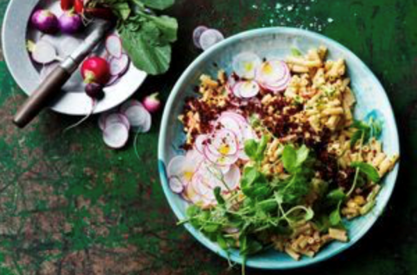 Macaroni, radish and chorizo salad