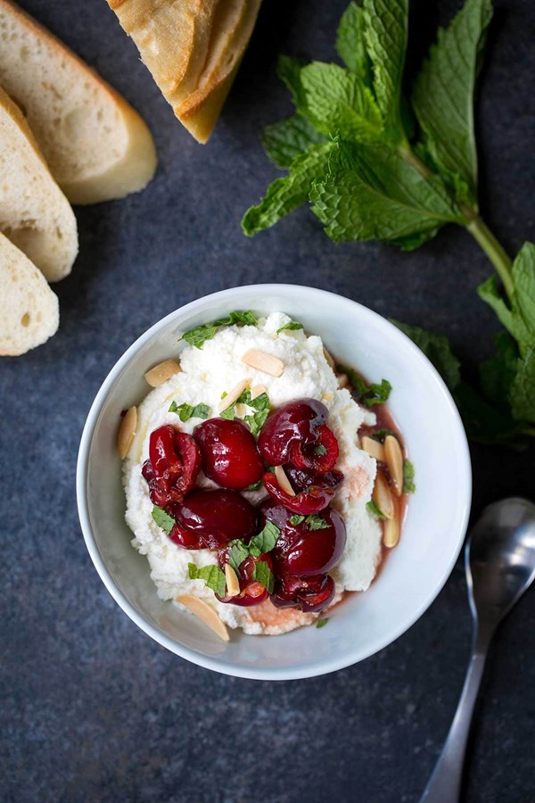 Macerated cherries with ricotta, almonds and mint