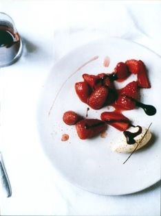 Macerated strawberries with clotted cream and black olive caramel