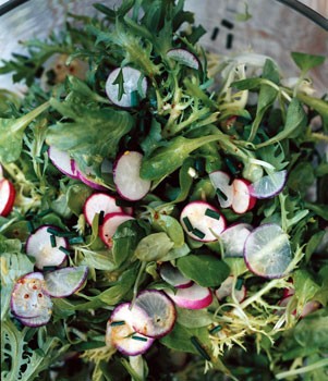 Mâche, frisée, and radish salad with mustard vinaigrette