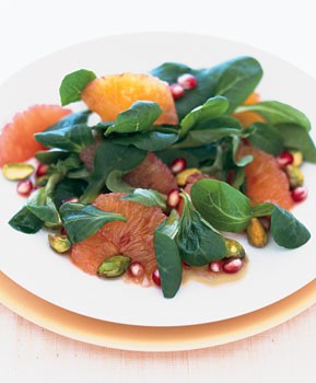 Mâche salad with blood oranges, pistachios, and pomegranate