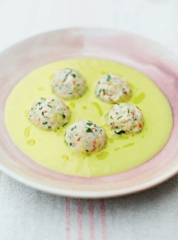 Mackerel and pollack dumplings in leek and saffron soup