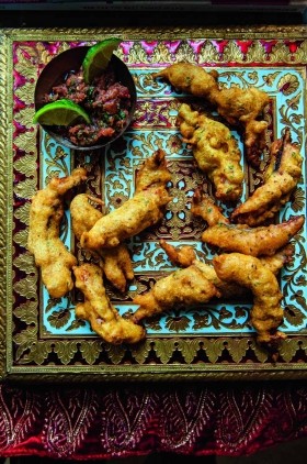 Mackerel bhajis with tomato, mint and tamarind chutney