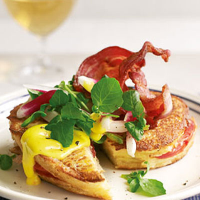 Mackerel eggy bread with bacon, watercress, radishes and saffron aioli