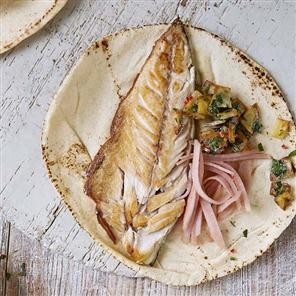 Mackerel flatbreads with pickles kohlrabi and parsley potatoes