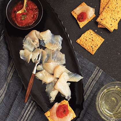 Mackerel gravlax with roasted red pepper puree