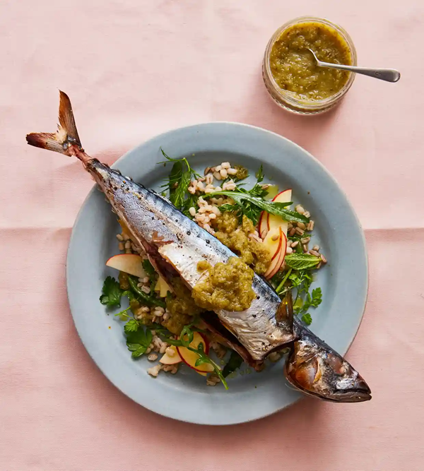 Mackerel, herby barley salad and cucumber ketchup