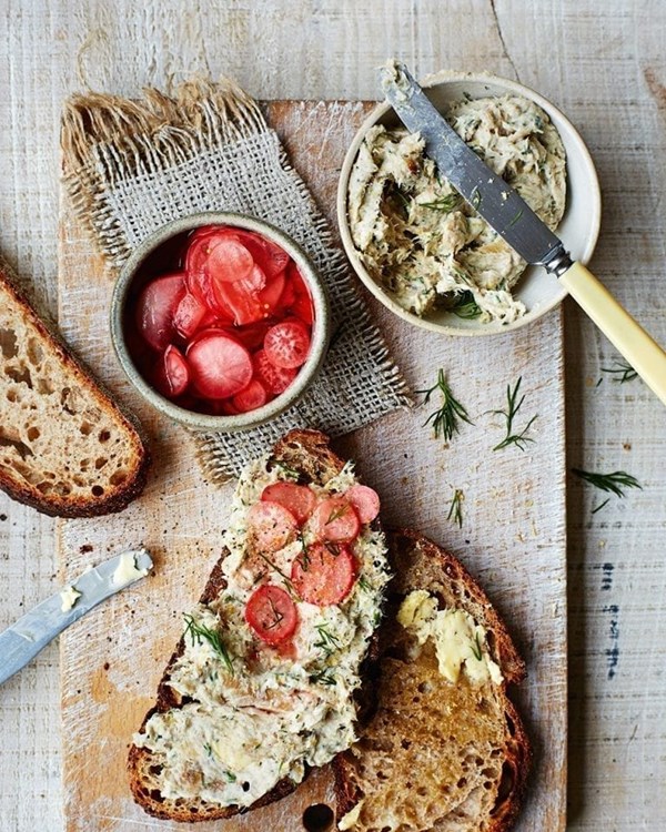 Mackerel pâté with quick-pickled radishes and Hoxton Bakehouse stoneground spelt loaf