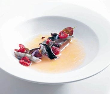 Mackerel, tomato water and raspberries