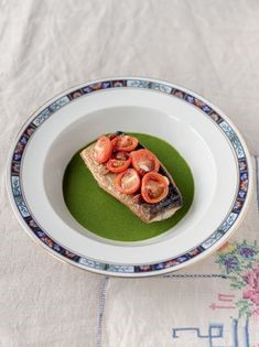 Mackerel with basil and smoked almond sauce