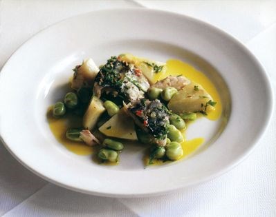 Mackerel with broad beans and artichokes