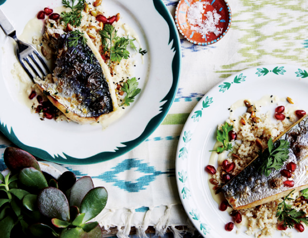 Mackerel with cauliflower "couscous" and tahini