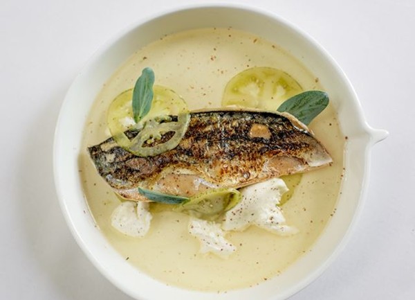 Mackerel with cinnamon-spiced tomato water, burrata and pickled green tomatoes