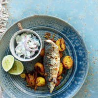 Mackerel with cumin potatoes and raita salad 