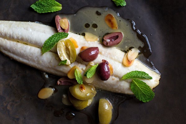 Mackerel with olives, almonds and mint
