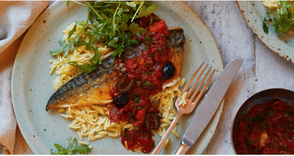 Mackerel with orzo and puttanesca sauce