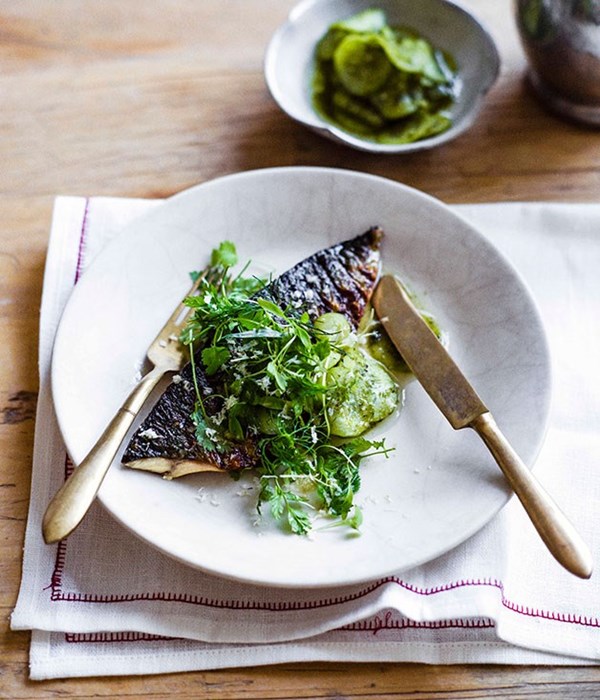 Mackerel with pickled cucumber, horseradish and herbs [Brett Graham]