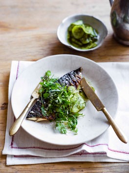 Mackerel with pickled cucumber, horseradish and herbs