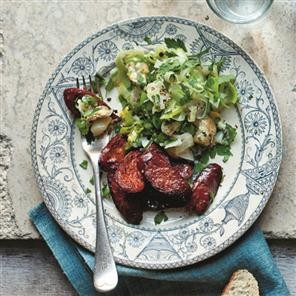 Madeira-glazed chorizo with leeks and new potatoes