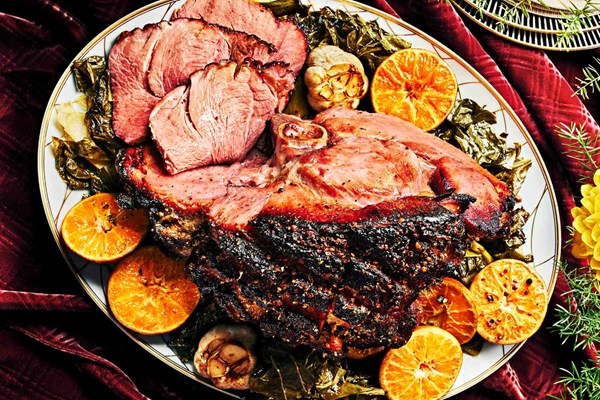 Madeira-glazed ham with collard greens